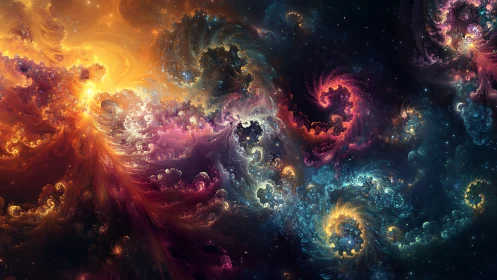 Fractal nebula spirals weave luminous cosmic stormscape.