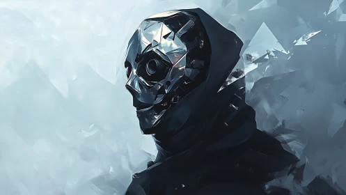 Hooded metallic skull figure stands in an abstract icy void