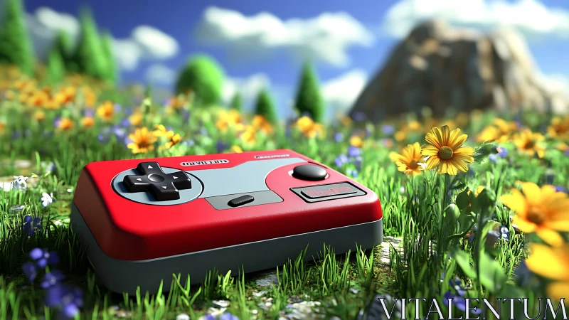 Bright retro game controller rests in a dreamy wildflower field