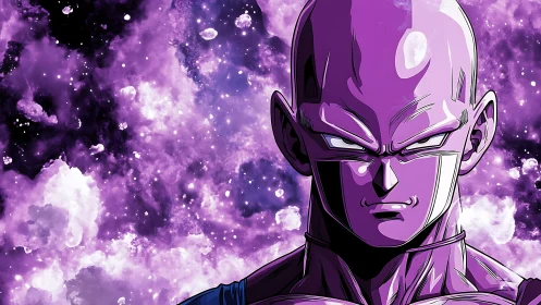 Purple humanoid figure against dense cosmic nebula field.