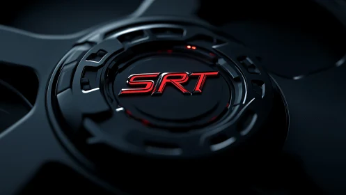 SRT wheel center cap macro with gloss black and red trim.