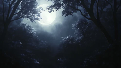 Moonlight threads softly through a midnight forest canopy