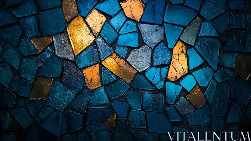 Abstract mosaic of blue and gold glass shards in modern style.