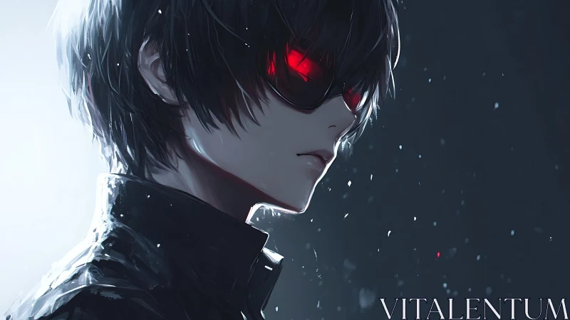 Red-eyed cyber vigilante in high-contrast anime portrait.