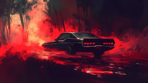 Midnight muscle car slicing through infernal red storm.