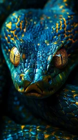 Emerald viper portrait reveals detailed scales and molten eyes