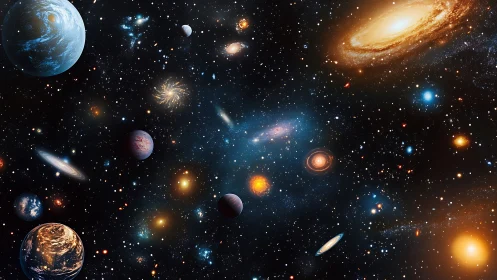 Expansive digital cosmos packed with planets and galaxies.