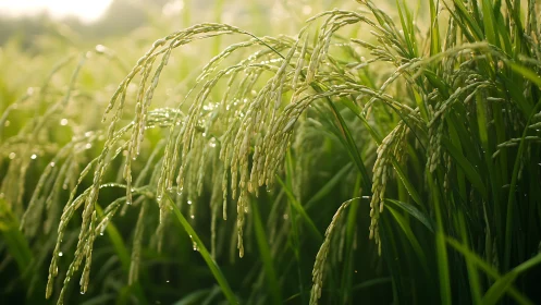 Backlit rice panicles with dewdrops in shallow focus field.