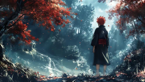 Solitary figure observing forest waterfall in soft light.