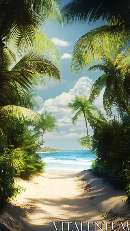 Tropical beach vista with palms and ocean vista.