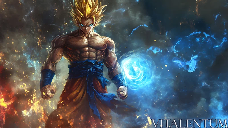 Golden‑haired warrior unleashes glowing blue energy sphere.