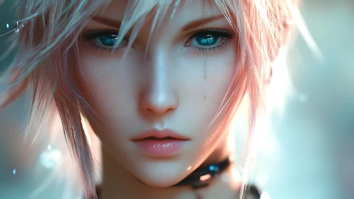 Luminous blue eyes hold quiet tears in a soft dreamy glow