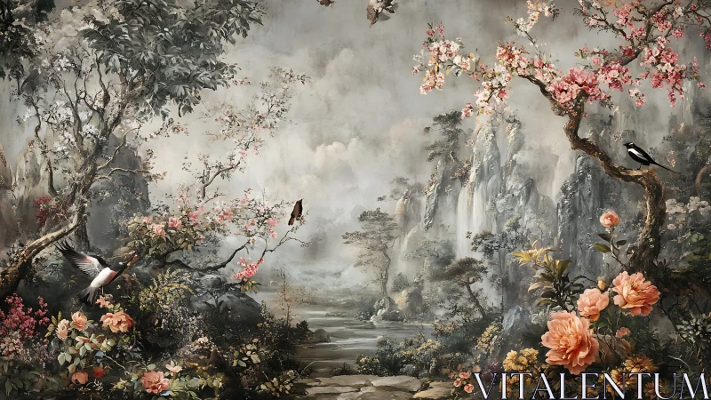 Gentle birds and blossoms share a misty mountain garden scene