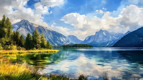 Chromatic alpine lakescape with impasto-rendered reflections.