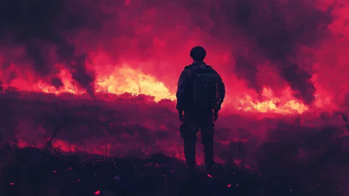 Solitary figure silhouetted against apocalyptic inferno landscape
