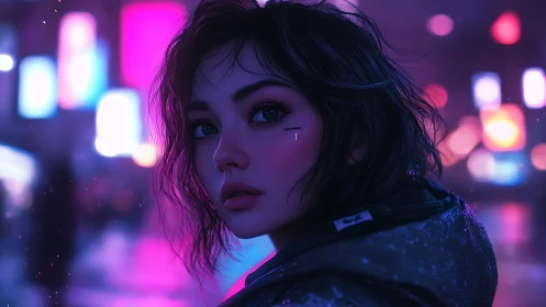 Digital portrait depicts female figure in neon cityscape