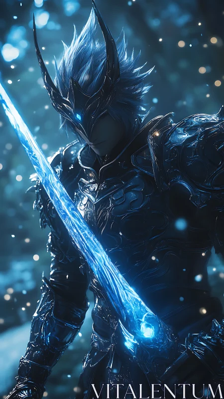 Ice knight warrior with glowing blue blade in forest.