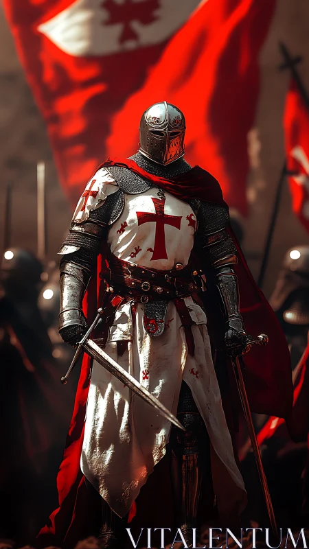 Crusader knight in red-cross armor before battle standard.
