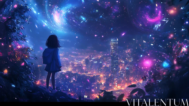 Stargazing silhouette overlooking neon cosmic metropolis.