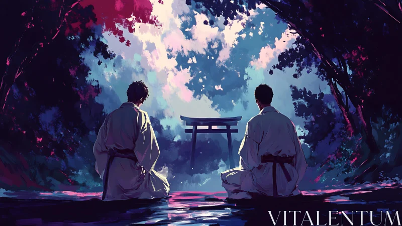 Twin martial spirits kneel beneath a twilight shrine sky.