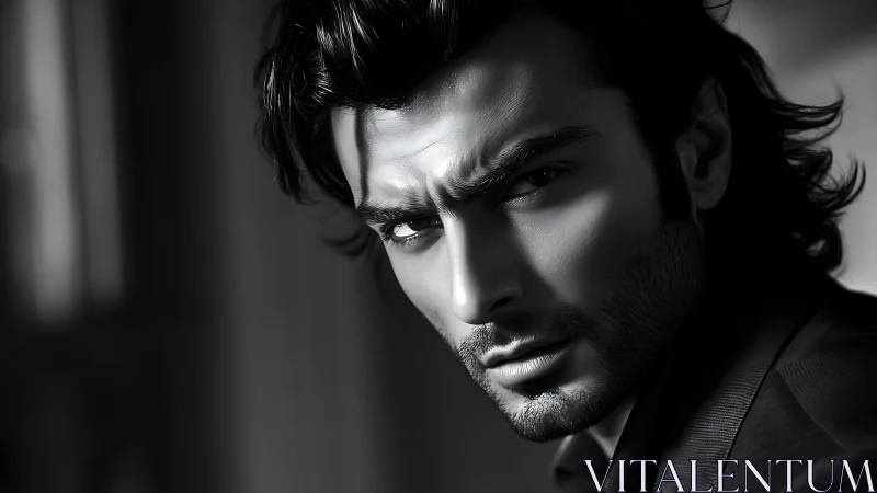 Intense black and white portrait of serious young man.