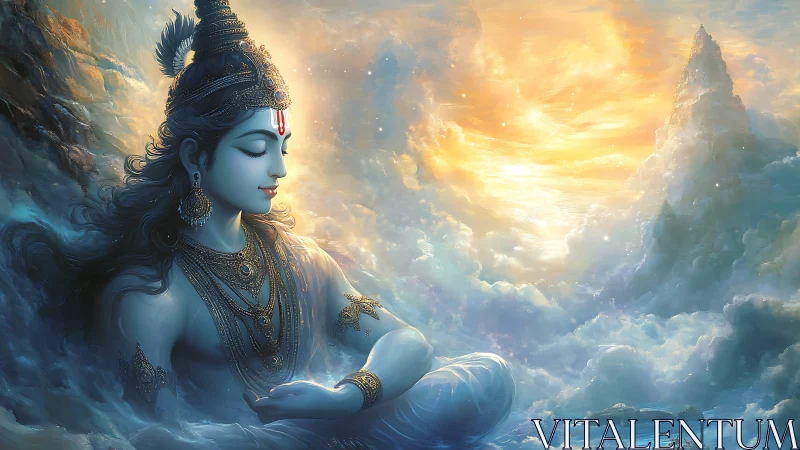 Meditating blue deity rests above luminous Himalayan clouds
