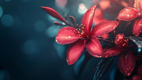Red Tropical Flowers Glistening With Dew Droplets