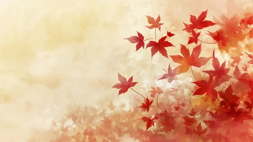 Red autumn maple leaves on soft beige abstract background.