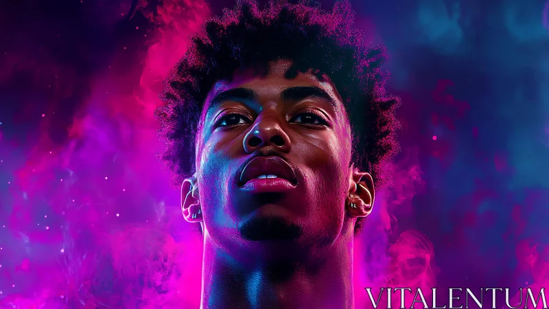 Neon-lit gaze rising through cosmic magenta vapor dream.