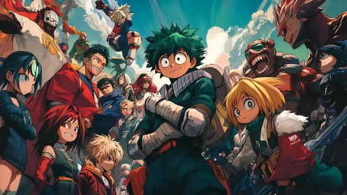 Heroic anime ensemble poised for action under vivid skies.