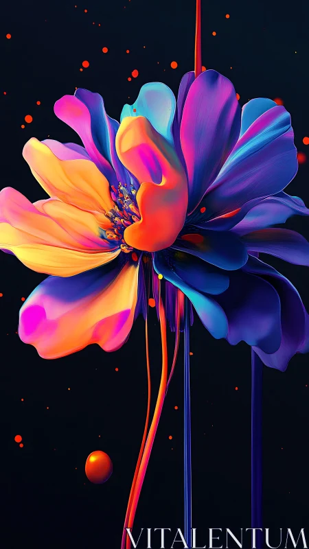 Neon petals unfold as liquid color cascades in darkness.