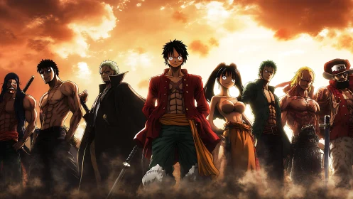 Group portrait of anime pirates against dramatic sky.
