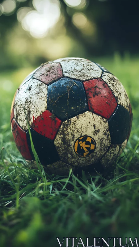 Weathered soccer ball resting in dewy grass outdoors.