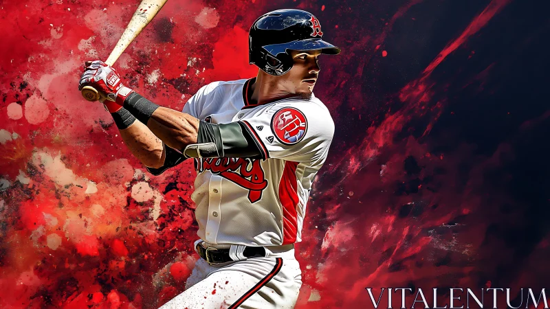 Baseball hitter prepares swing against abstract red backdrop