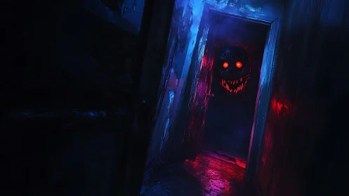 Dark corridor reveals glowing red-eyed figure in doorway