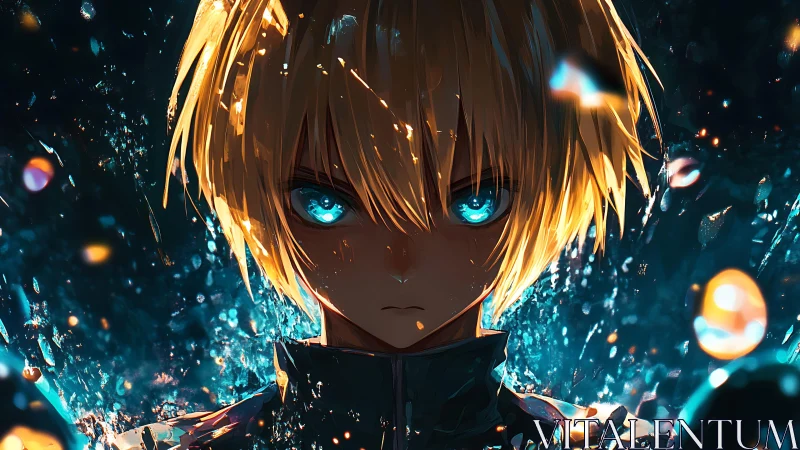 Storm-eyed hero rising from a swirl of cosmic embers.