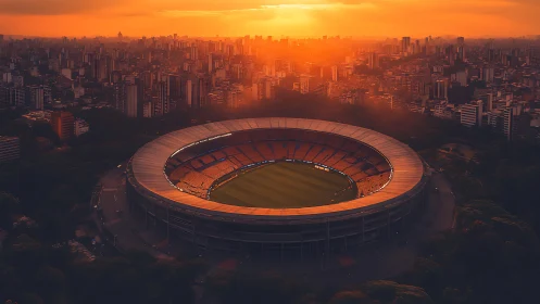 Sunset arena glows like a halo above the sprawling city.