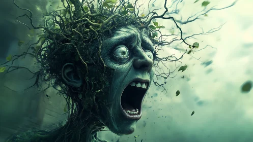 Terrified forest spirit screams as tangled roots erupt outward.