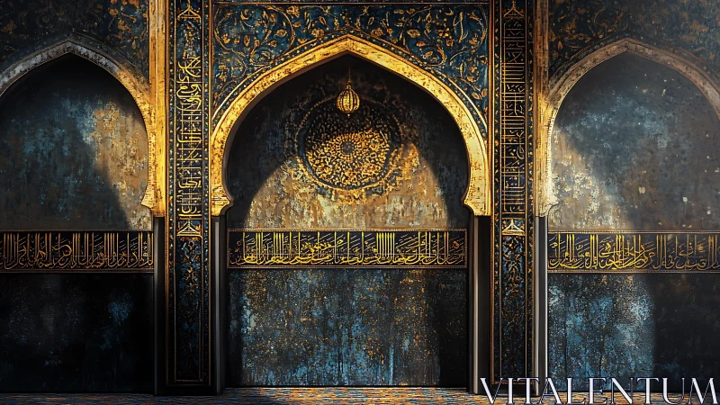 Digital painting of gilded Islamic arches and calligraphy wall.