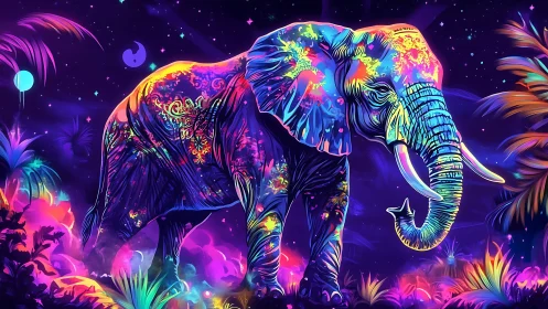 Neon-painted elephant strides through glowing cosmic jungle