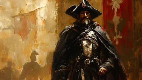 Storm-lit captain strides through a gilded city of banners.