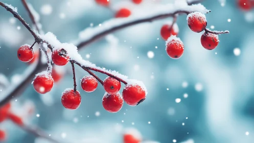 Snow-dusted red berries rendered in shallow-focus macro view
