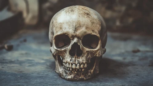 Human skull rests on stone floor under muted dramatic light.