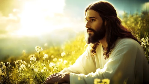 Bearded man in white robe seated in sunlit meadow landscape.