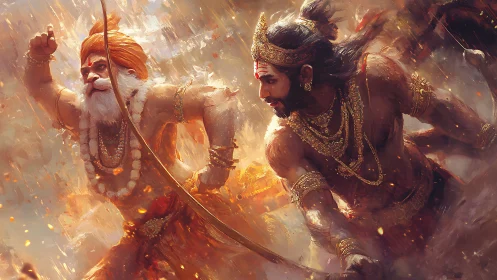 Dynamic mythic warriors rendered in high-energy digital brushwork