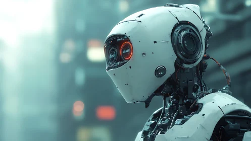 Stark white android portrait in misty neon cityscape.