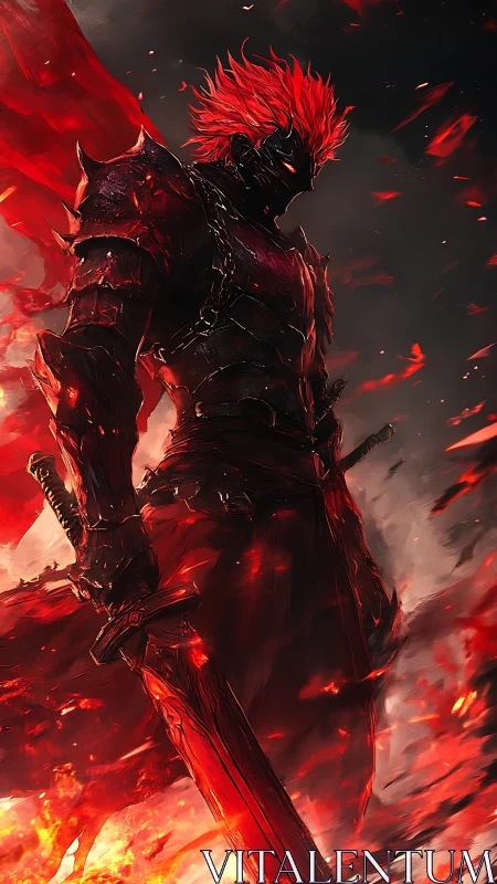 Armored swordsman with red flames and burning landscape.