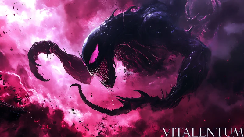 Nightmarish cosmic beast swirls through glowing magenta storm