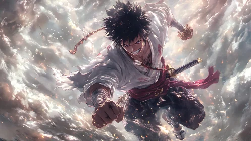 Battle ready swordsman surges through stormlit clouds midair