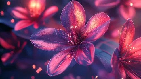 Luminous magenta flowers glow against deep violet bokeh